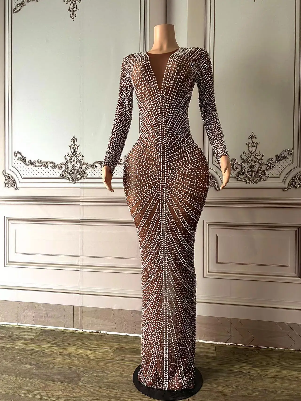 

Gray White Full Rhinestones Evening Long Sleeves Dress Birthday Celebrate Stage Wear Performance Dancer Singer Show plus size