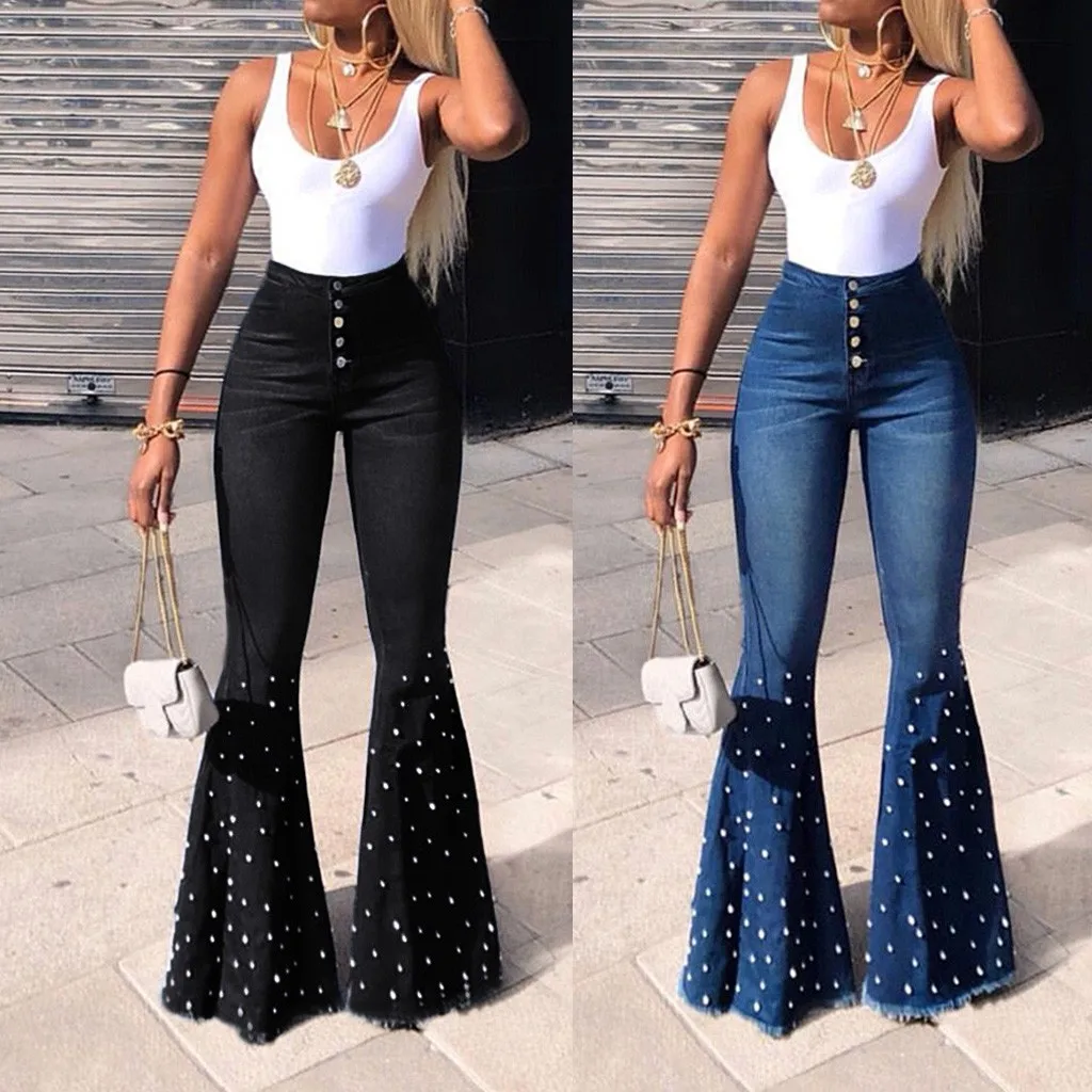Women's High Waist Flare Jeans Button Tassel Pants Trousers Bell-bottom Pants Bell Bottom Flare Jeans Pantalones Vaqueros Mujer