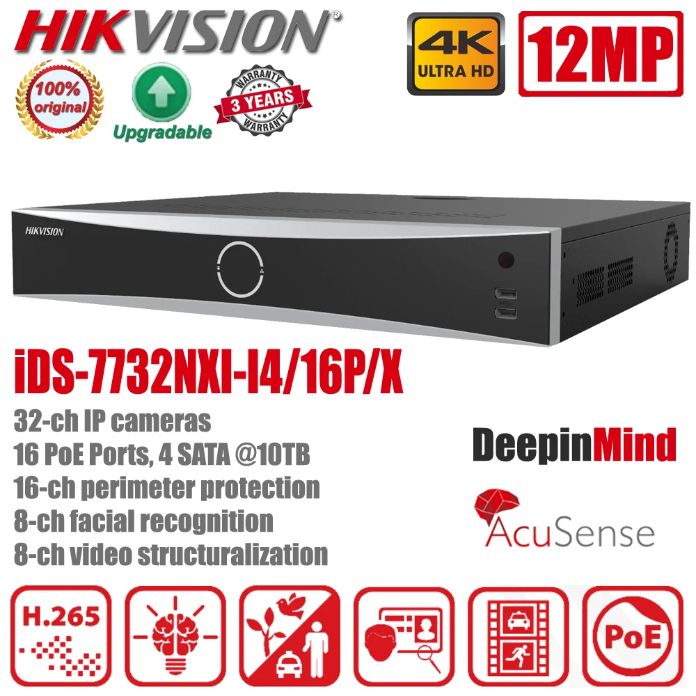 

Original Hikvision iDS-7732NXI-I4/16P/X 32CH 4K 16 POE Ports AcuSense DeepinMind NVR Facial Recognition Network Video Recorder