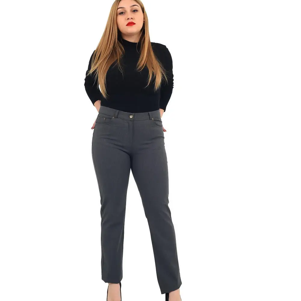 Ftof women large size pants Rg1029G fabric high waist straight leg wrist length pocket gabardine zipper closure buttoned brown Lac