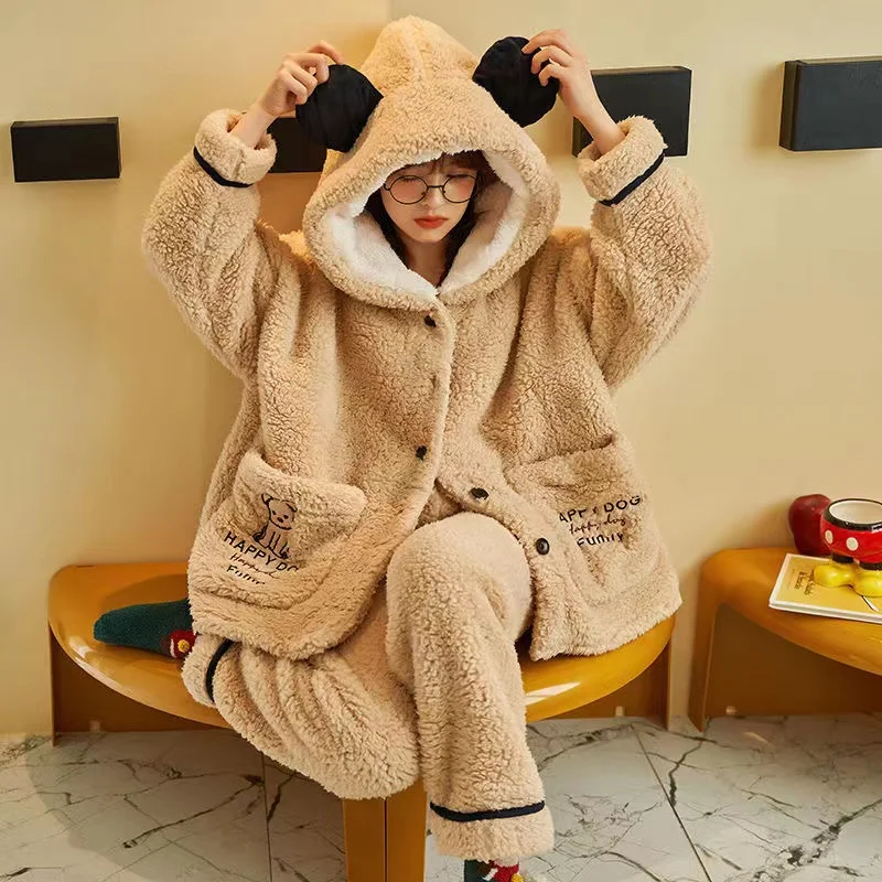 Winter Flannel Pajamas Sets For Women Coral Fleece Thick Warm Sweet Cute Loungewear Home Clothes 2 Piece/Set Sleepwear