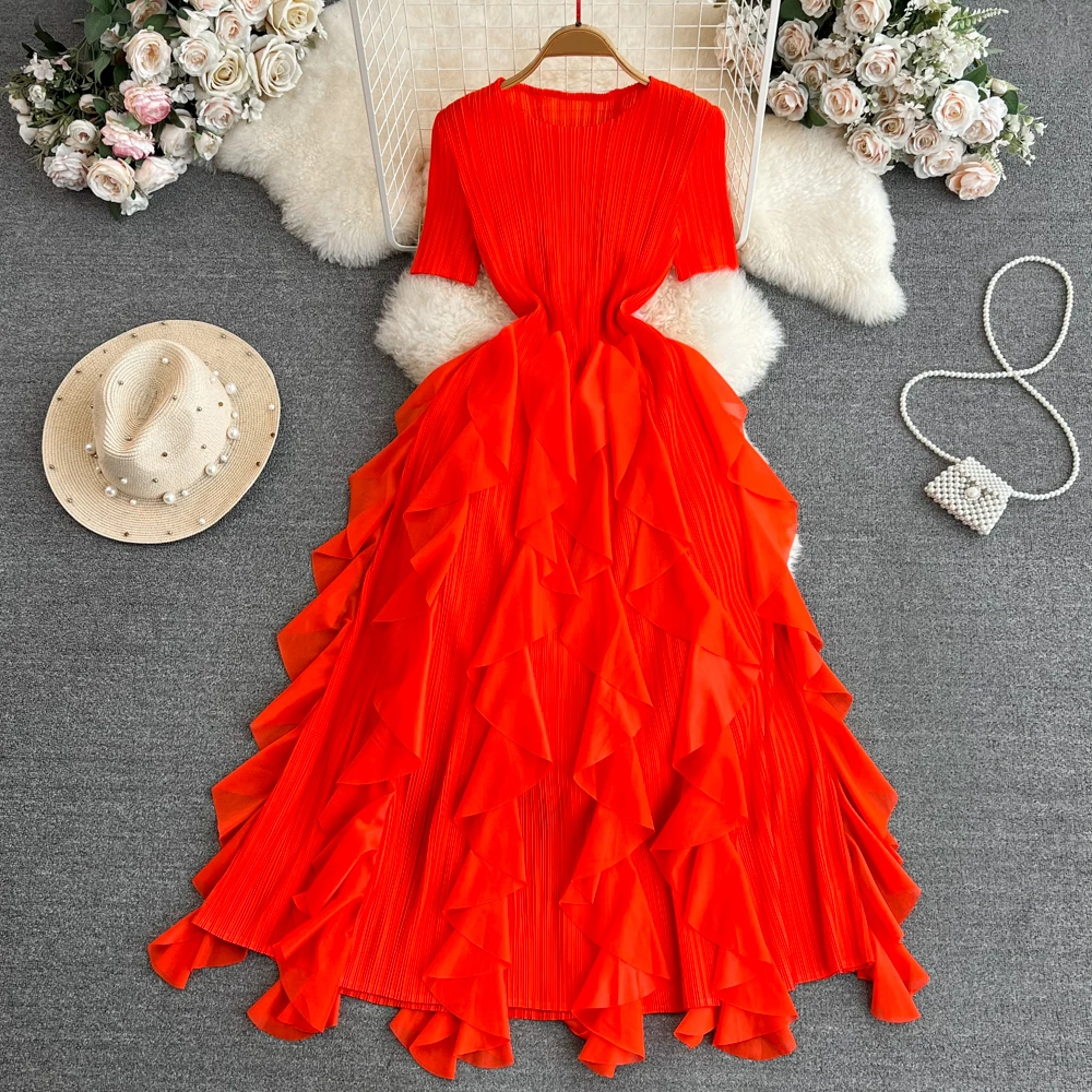 

Clothland Women Sweet Ruffle Bown Gall Dress High Waist Short Sleeve One Piece Summer Vintage Midi Dresses Vestido QC788