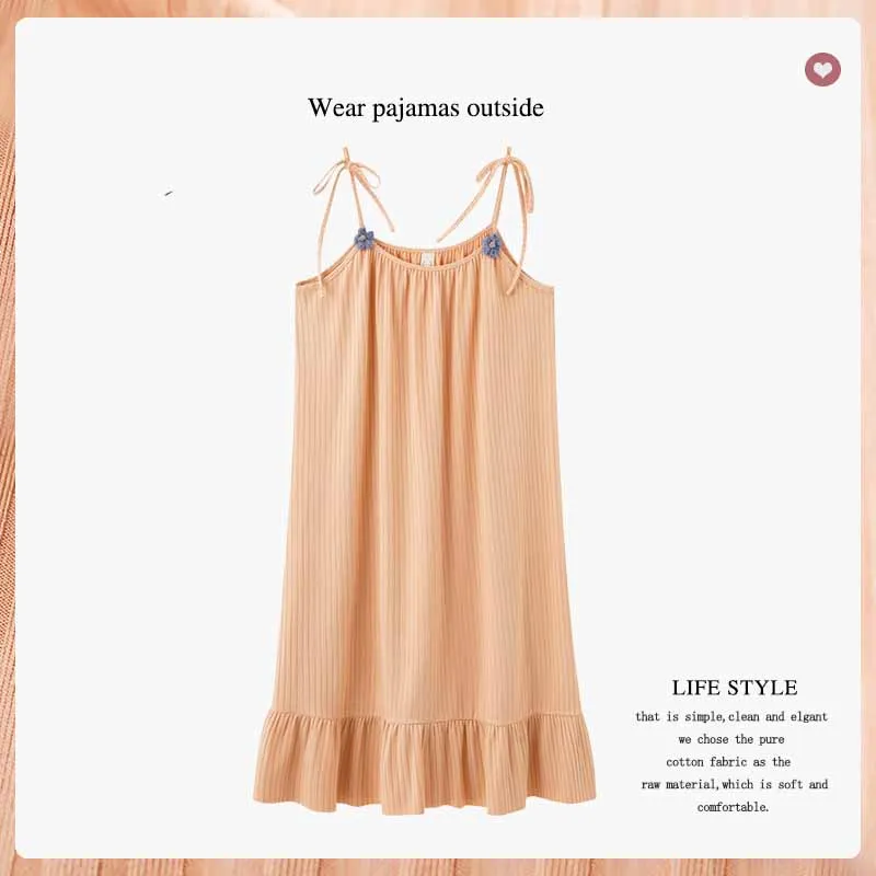 

Sleepwear Women Cotton Sling Nightgown Summer Soft Loose Sleep Lingerie Cute Pink Camisoles Night Gowns Ruffled Hem Night Dress