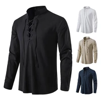 classic pullover top for men lace up v neck long sleeve men shirt casual stand collar solid color top breathable male clothing