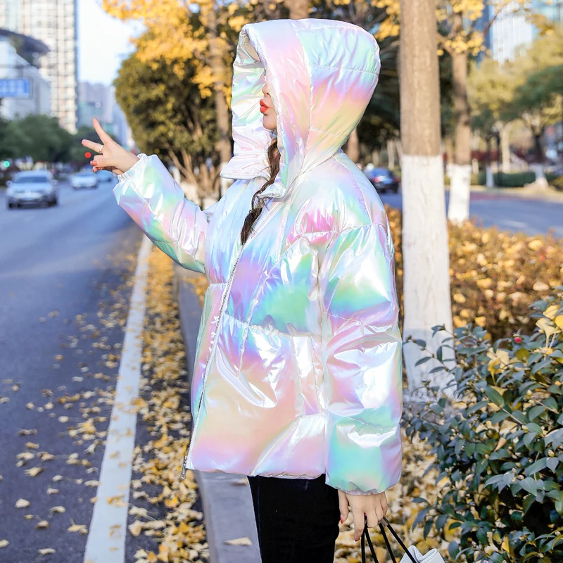 Winter Glossy Parkas Women's 2022 New Casual Warm Cotton Padded Jackets Street Snow Wear Coat Solid Bright Hooded Down Outwear