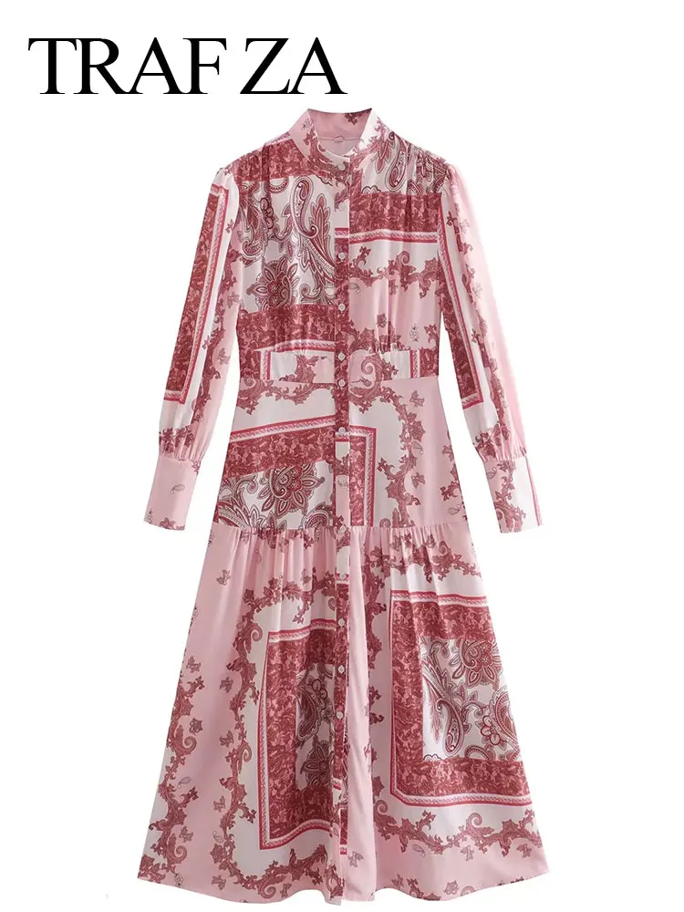 

TRAF ZA Casual Elegant Loose Daily Shirt Sleeves Women's Dress Fashion High Neck Single Breasted Pink Print Ladies Long Dress