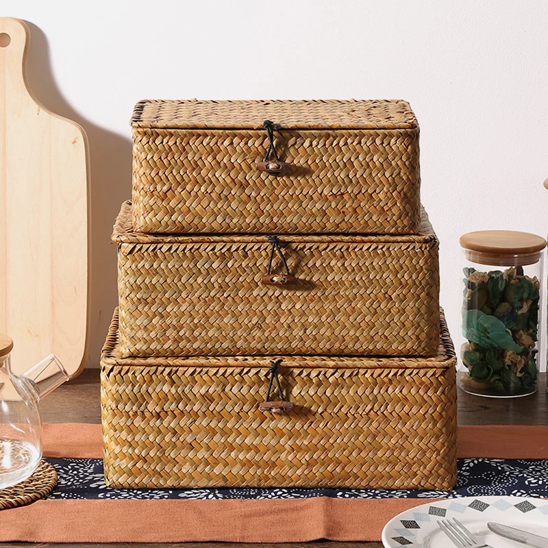 

Rectangular Storage Basket, Woven Hand Laundry Basket, Home Storage Box with Lid, Clutter Organizer