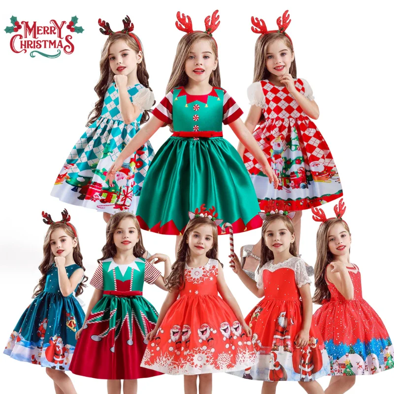 

2022 New Christmas Dress for Girls Cartoon Print Party Princess Vestidos Girls Bowknot Dress Children Evening Dresses 4-9Years