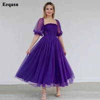 eeqasn glitter tulle dark purple midi prom dresses half sleeves pleats homecoming dress square collar graudation party gowns