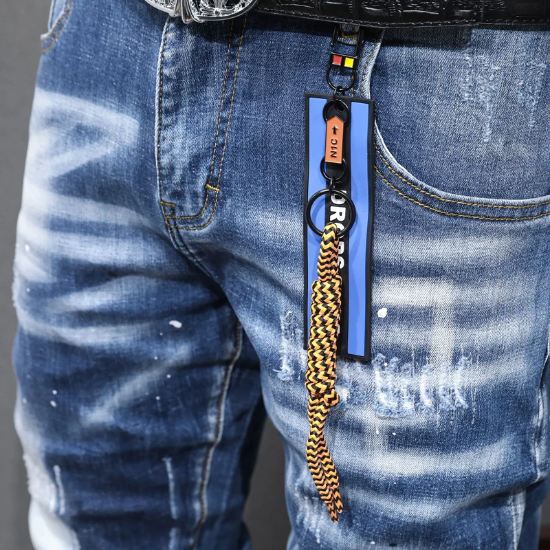 Fashion Designer Men Jeans Retro Blue Plain Washed Elastic Stretch Skinny Ripped Jeans Men Painted Hip Hop Denim Pants Hombre