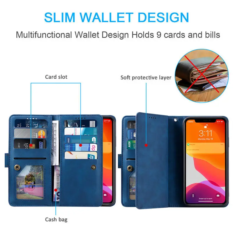 For Motorola G52 G22 2022 Zipper Leather Multi 9-Card Case for Motorola G10 Power Flip Wallet Case Moto G82 G 71 41 31 G 30 G50