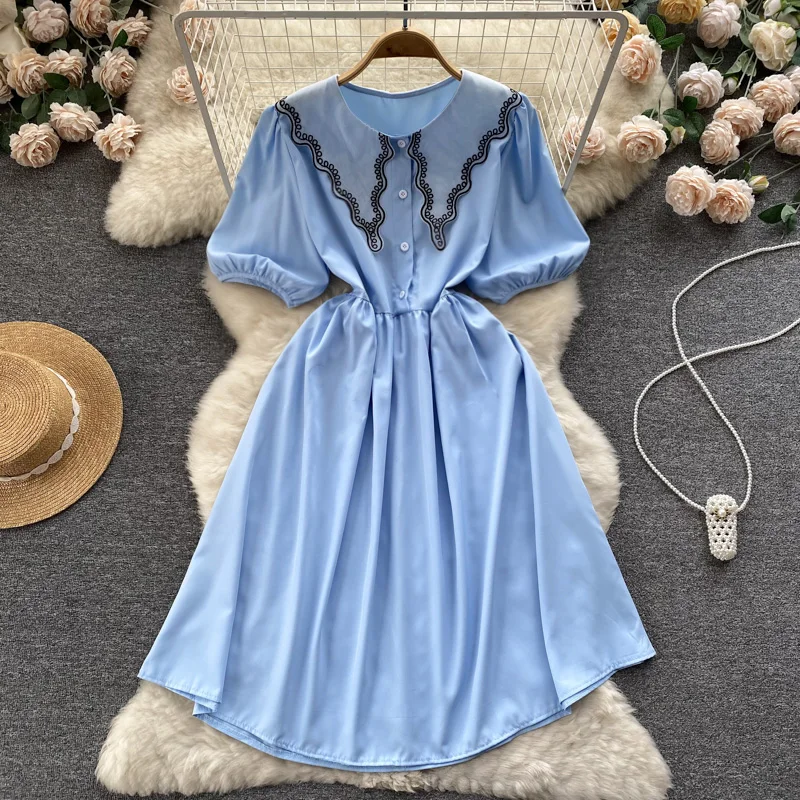 

New Fashion Doll Collar A-line Dress Women Summer 2023 Bubble Short Sleeve Casual Clothes Vestidos De Fiesta J778