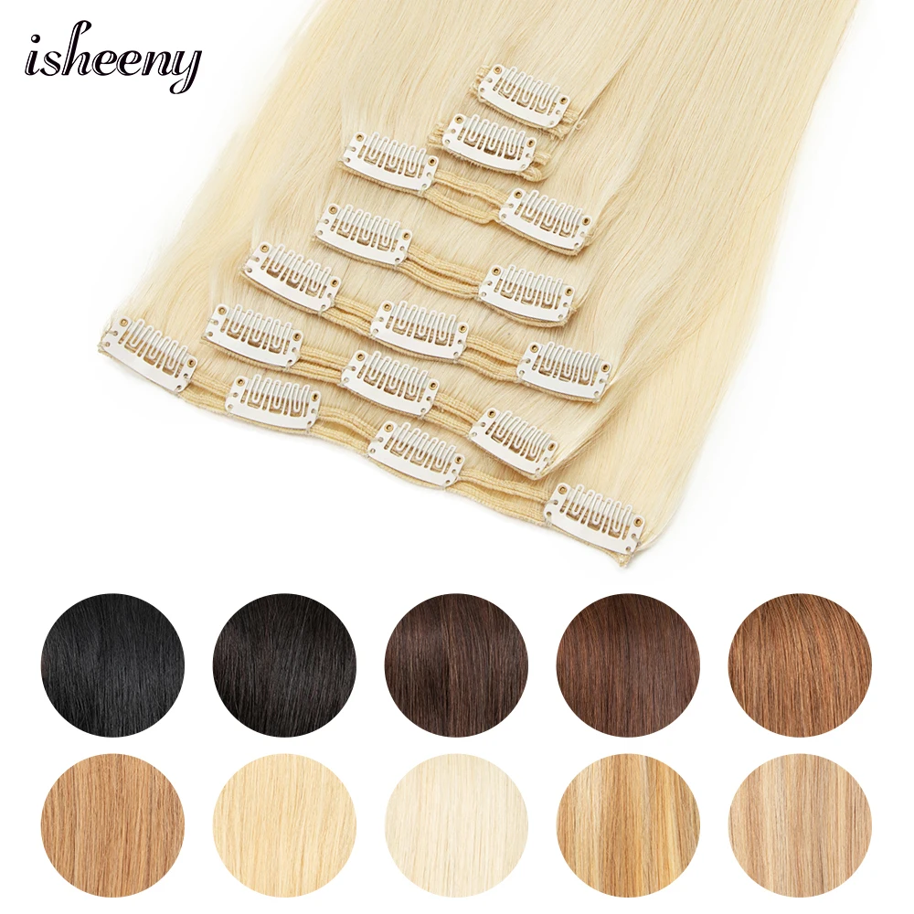 Isheeny Clip-in Human Hair Extensions 7pcs/set Blonde Remy Human Hair Straight 14"-24" Natural Black Brown Real Hair