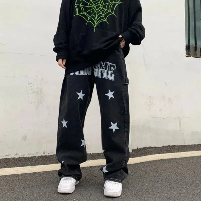 Men's Y2K Clothes Printed Strar Vintage Black Baggy Jeans Men Straight Trousers Denim Pants Streetwear For Women High Quality