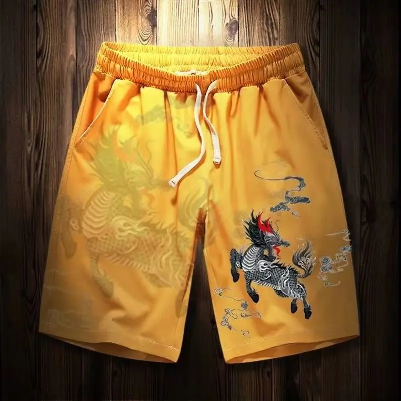 

National fashion Chinese style kylin shorts men's summer fashion casual home Capris sports pants wear beach pants outside