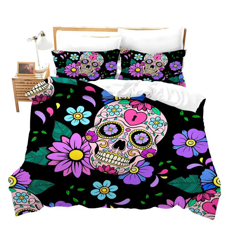 Sugar Skull Duvet Cover Luxury Gothic Skeleton Bedding Set Halloween Theme Floral Comforter Cover Twin Full For Girls Kids Teens