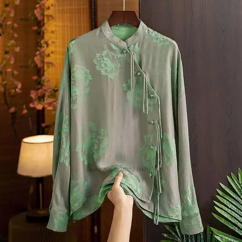 

2022 vintage satin blouse lady casual shirt traditional chinese retro blouse flower print qipao cheongsam oriental tang suit