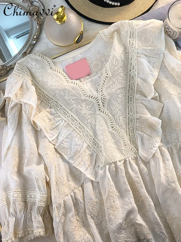 

Fashion Design Ruffled Lace Pullover Doll Shirt for Women 2022 Summer New Embroidered Puff Sleeve Loose Casual Top Ladies Blouse