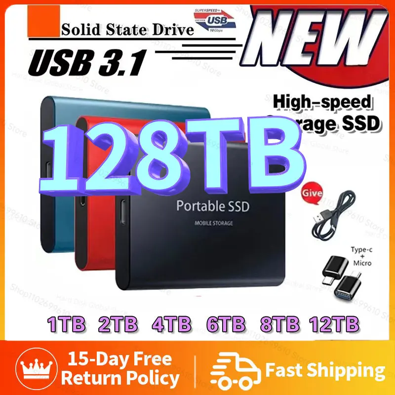 

Portable SSD 1TB High-speed Mobile Solid State Drive 128TB External Storage Decives Type-C USB 3.1 Hard Disks for Laptop/PC/ Mac