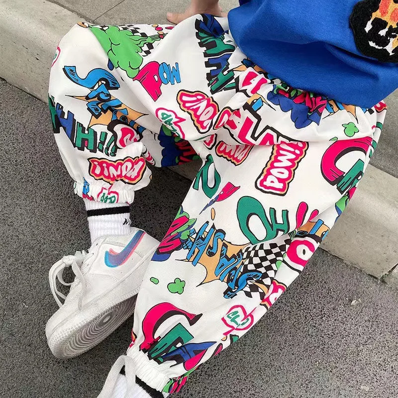 New Trend Little Girl's Summer Cartoon Full Printed Letter Pants Thin Breathable Children's Sweat Pants Boy's Mosquito Pants