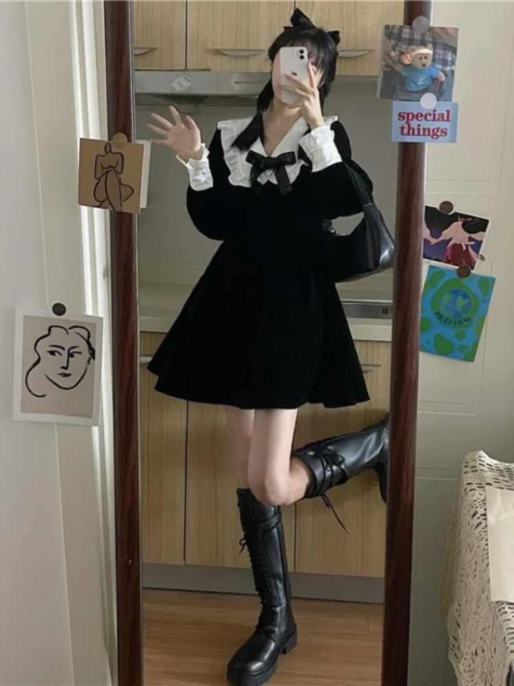 

Kawaii Bow Dress Women Japanese Preppy Style Long Sleeve Mini Dresses Black Goth Vintage Lolita Outfits Sweet Streetwear