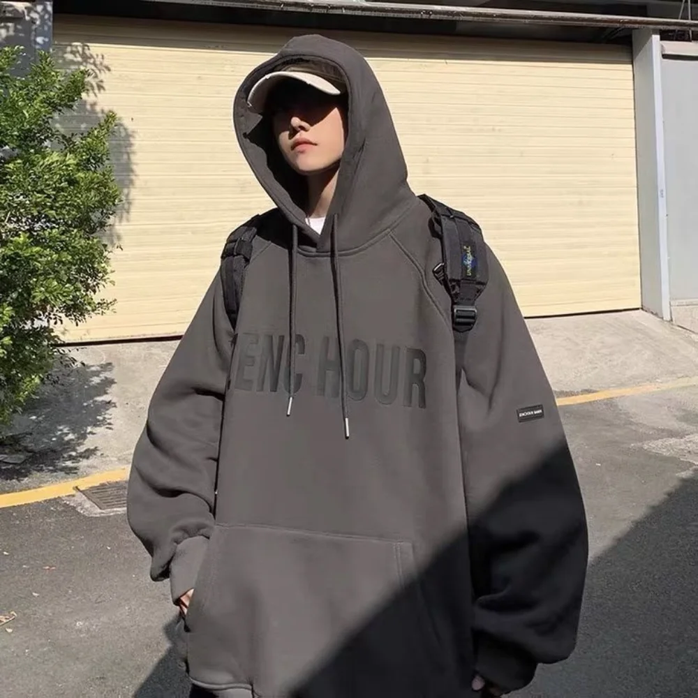

M-8XL Korean Men Retro Letter Print Hoodie Oversize Loose Long Sleeve Student Hooded Sweater Autumn Outerwear Unisex