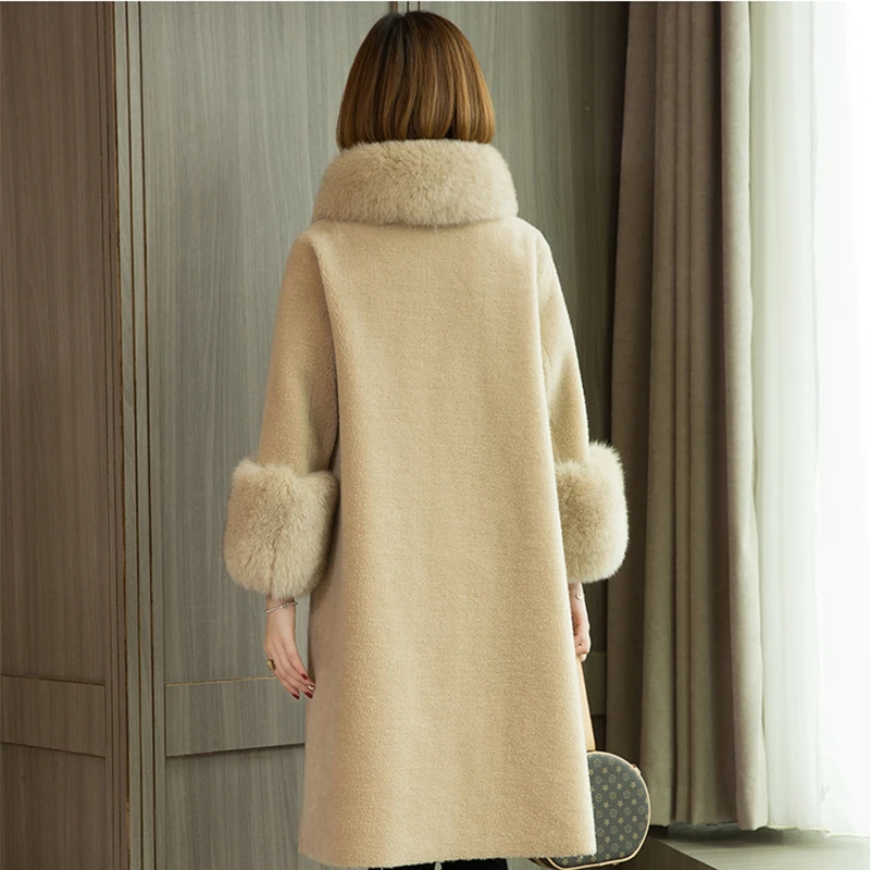 Women 100% Wool Jacket Long Real Fur Coat Winter Jacket Natural Fox Fur Collar And Sleeve Cuff Outerwear Fashion Overcoat