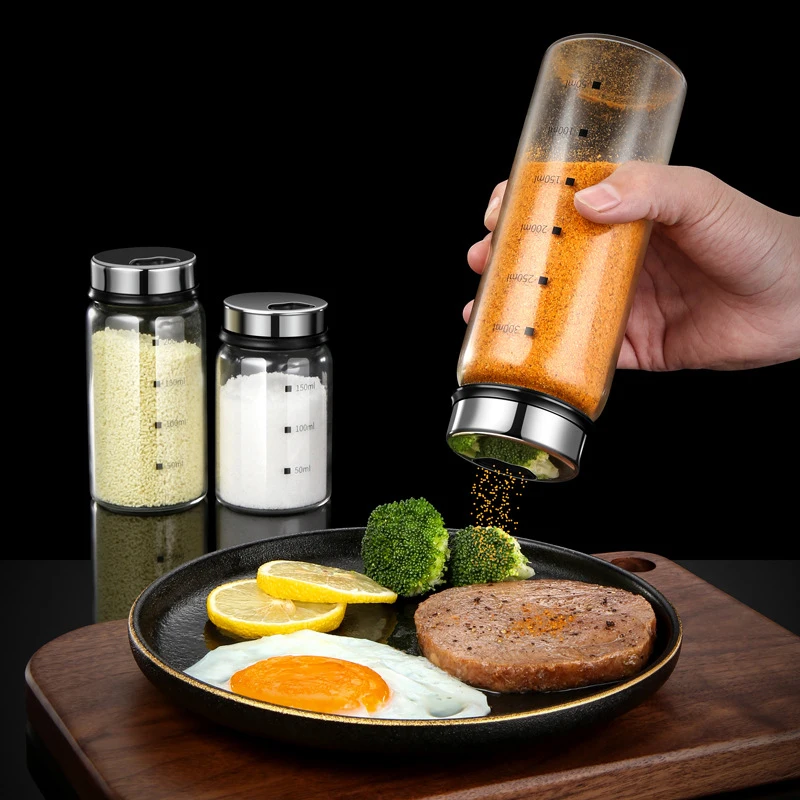 

Glass Seasoning Bottle With 150/200/300ml Scale Stainless Steel Lid 4 Outlet Spice Jar Pepper Salt Shaker Container Kitchen Tool