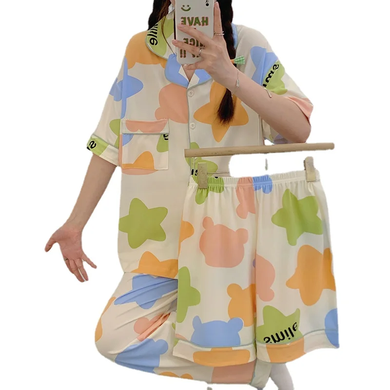 Summer Pajamas for Women's High-end Sense of Cardigan Short-sleeved Three-piece Suit Casual Home Service with Turn-over Collar