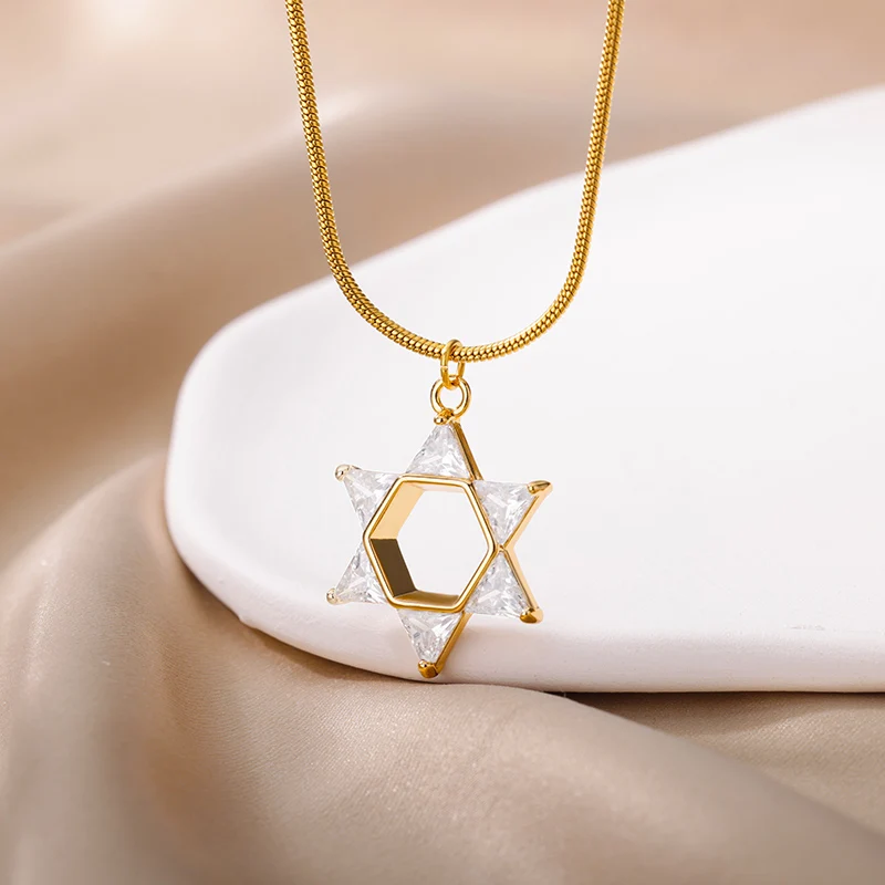 

Zircon Hexagram Six-pointed Star Necklace For Women Stainelss Steel Hollow Hexagon Pendants Neckalces Jewelry Collares Gift