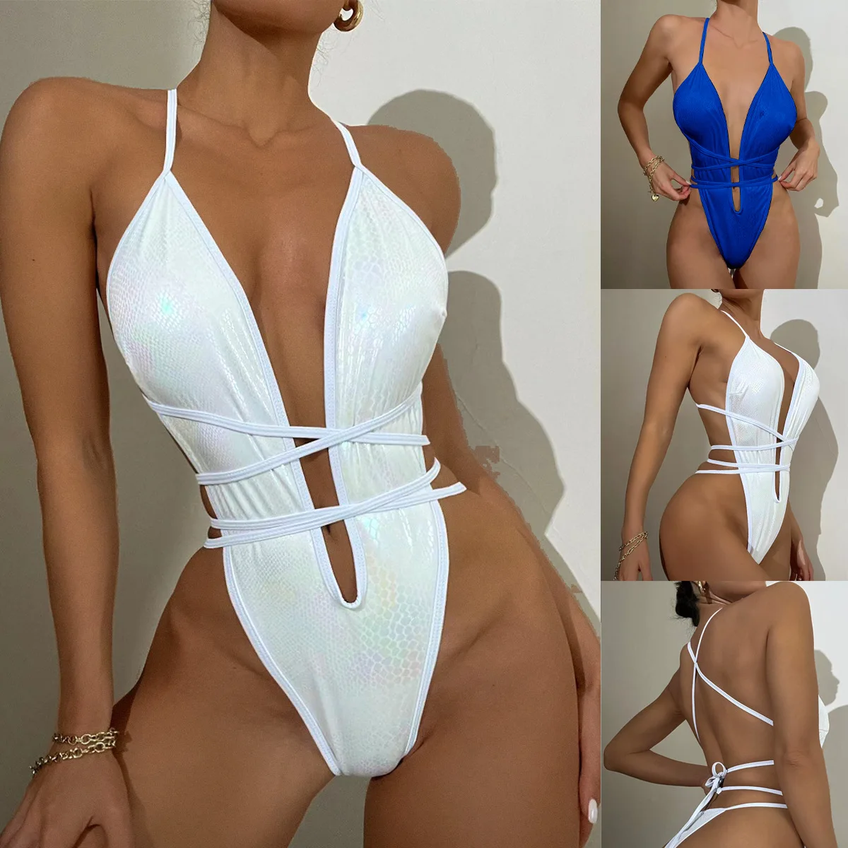 

Onepiece Swimsuit Bikinis Sexy Ladie Swimsuit For Women Halter Swimwear High Waisted Knitted Beachwear Set White String Swimsuit