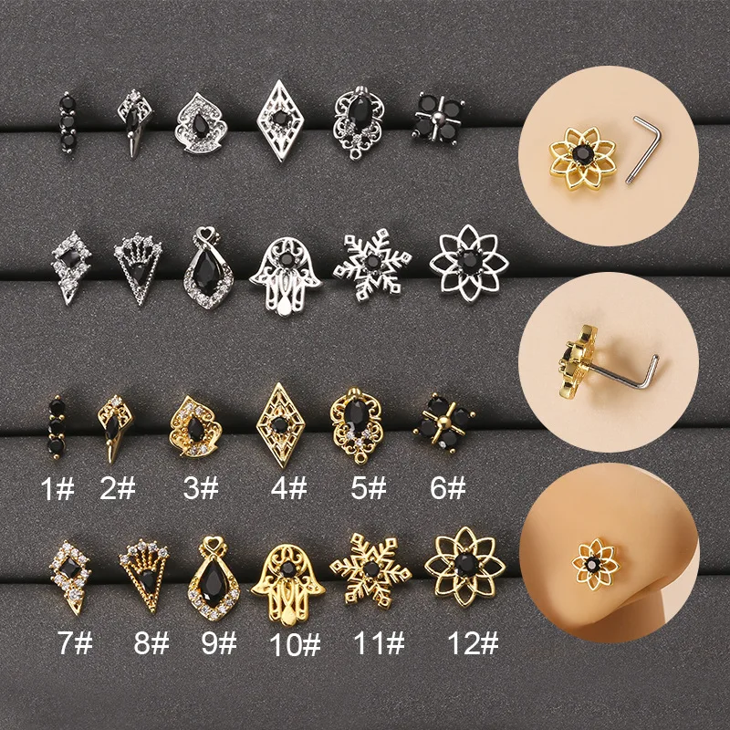 

1Piece Retro 316L Stainless Steel L Shape Nose Stud Rings Black Zircon Snowflake Hand Nose Stud for Women Nose Piercing Jewelry