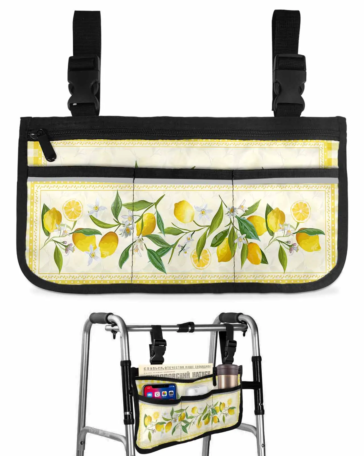 

Idyllic Summer Lemon Fresh Plaid Wheelchair Bag With Pockets Armrest Side Bags Electric Scooter Walking Frame Storage Pouch