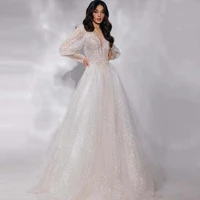 princess shiny tulle wedding dress deep v neck long sleeve ball gowns glitter tulle bridal gown silver lace appliques long dress