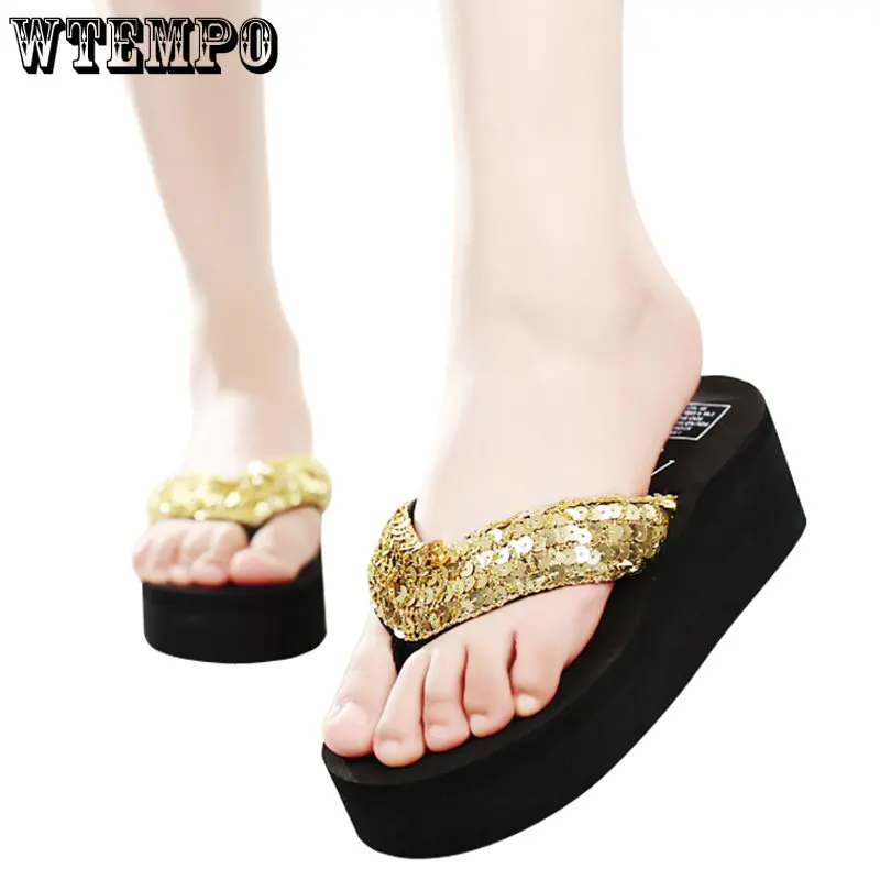 WTEMPO Women Summer Sandals Sequins Beach Female Flip Flops Girls High Heel Shoes for Platform Wedge Slippers Wholesale
