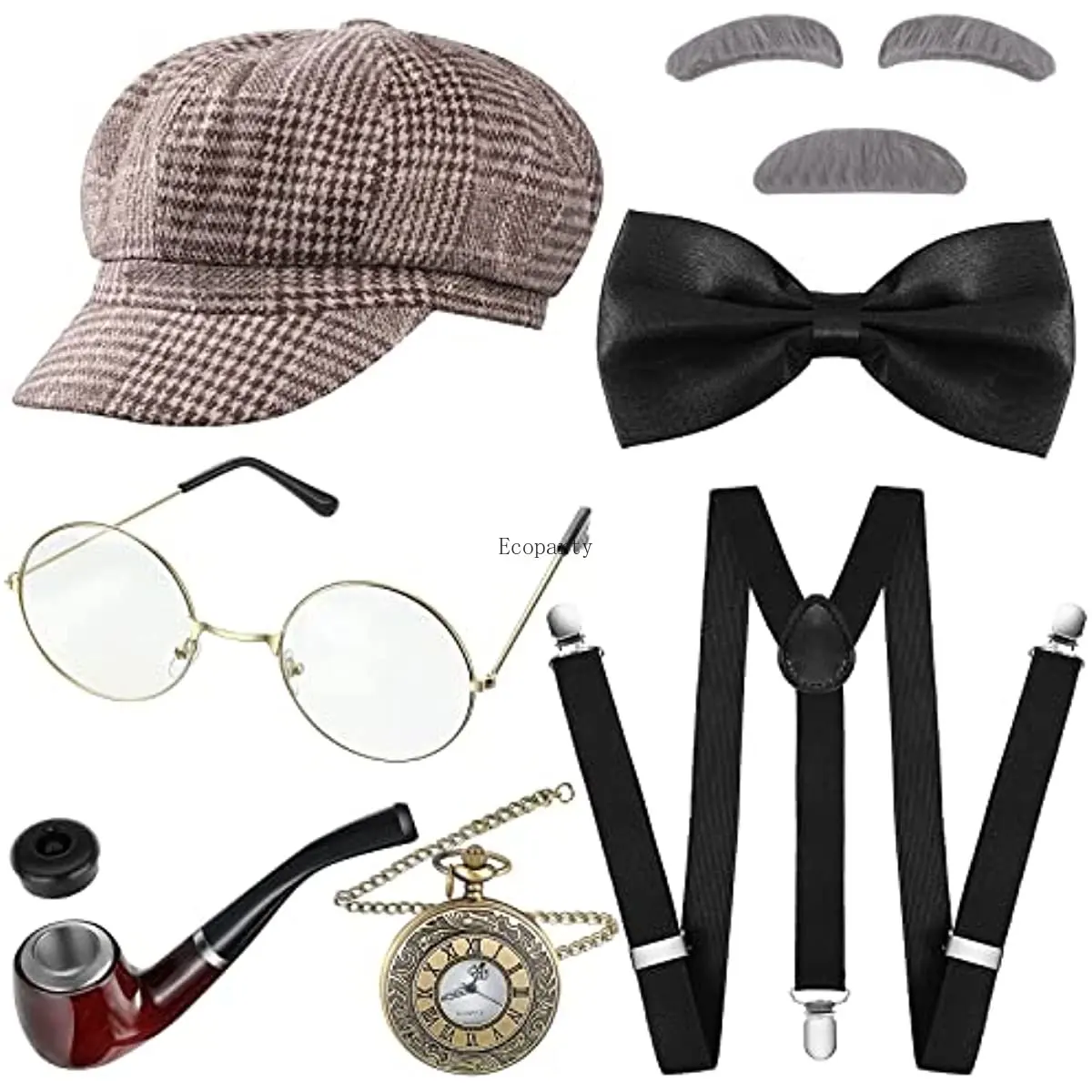 8 Pcs Old Man Costume 1920s Grandpa Accessories Set 100th Day of School Beret Hat Glasses Eyebrows Suspender Watch Great Gatsby