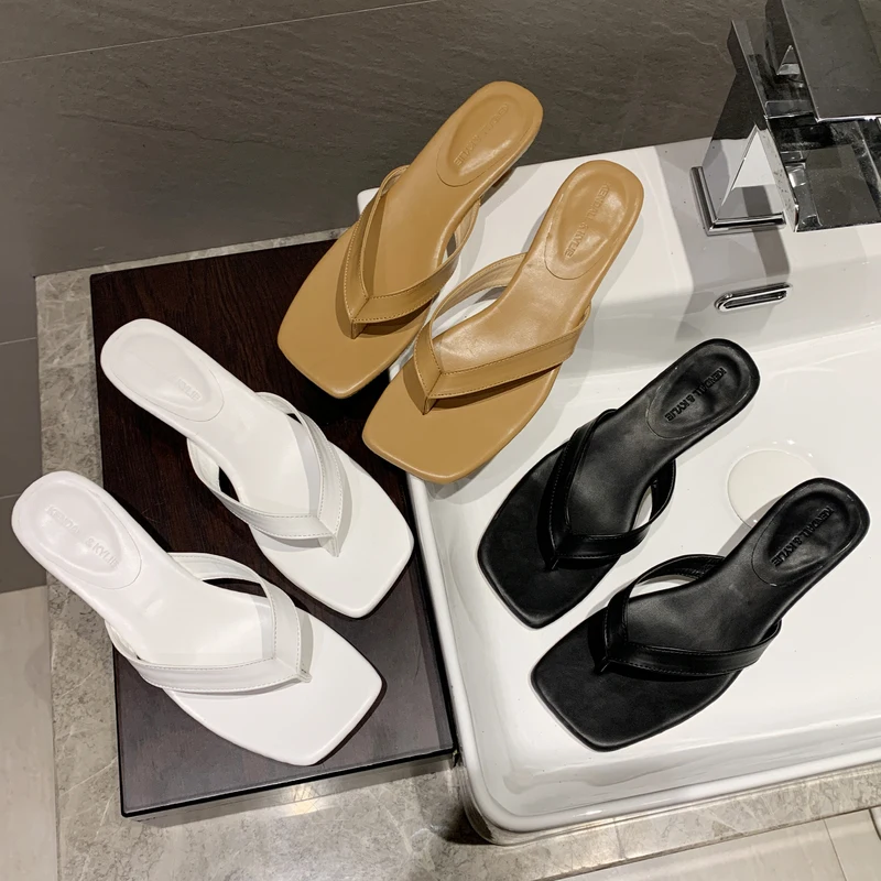 

Slippers Women Summer Shoes Med Heeled Mules Square Toe Slides Fashion Pantofle Black Sandals Rubber Flip Flops Soft High Luxury