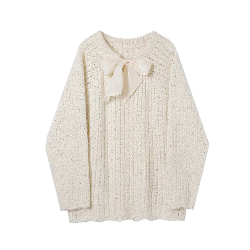 DEAT женский пуловер вязаный свободный на шнуровке с бантом и рукавами реглан