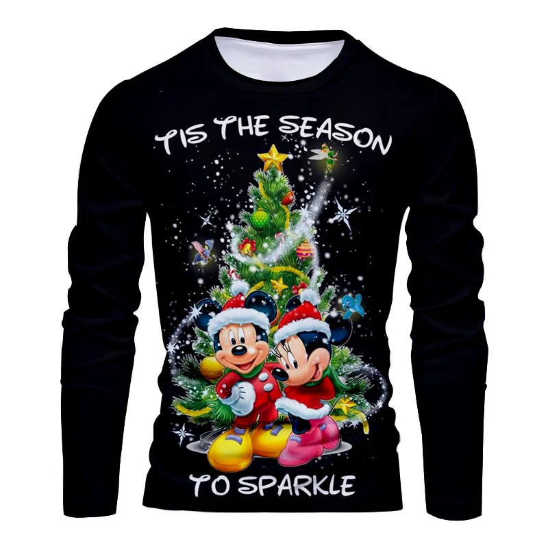 New Christmas Disney Brand Mickey and Minnie Anime 3D Printing Fashion Casual Trend Men's Round Neck Long Sleeve T-Shirt