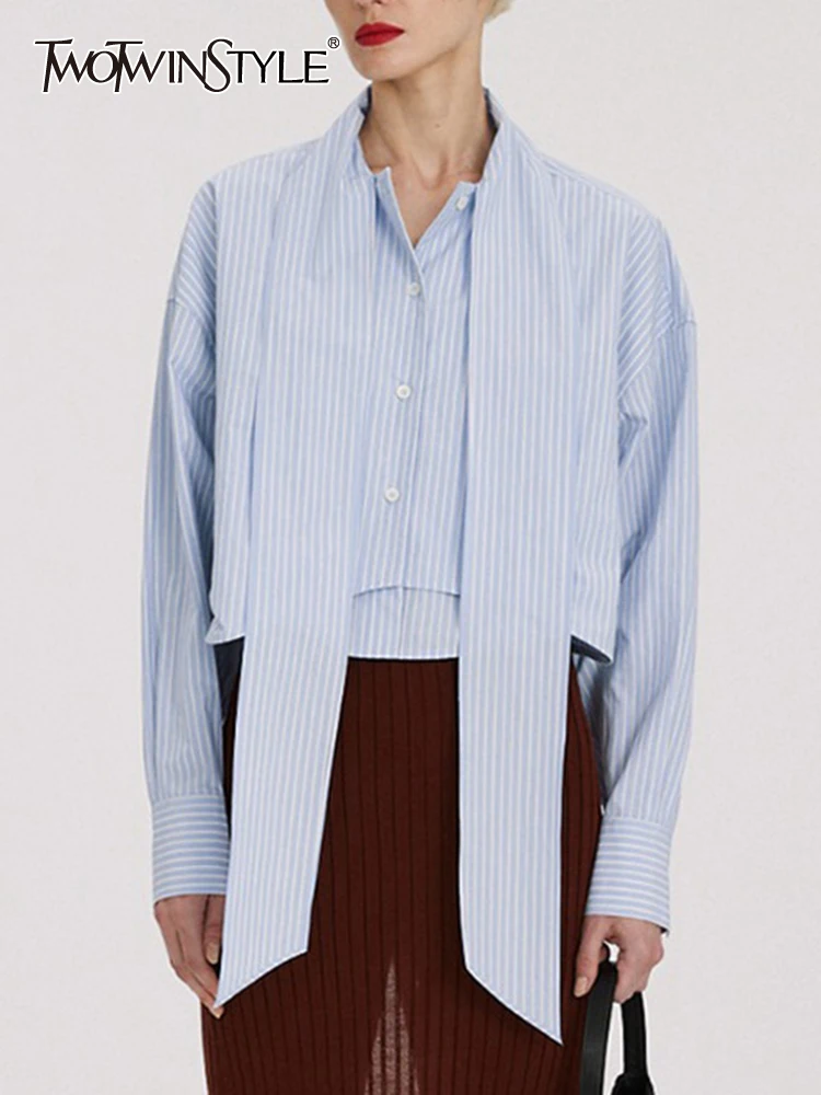 

Женская полосатая блузка TWOTWINSTYLE, винтажная однобортная блузка составного кроя с отложным воротником и длинными рукавами на шнуровке на лето 2023