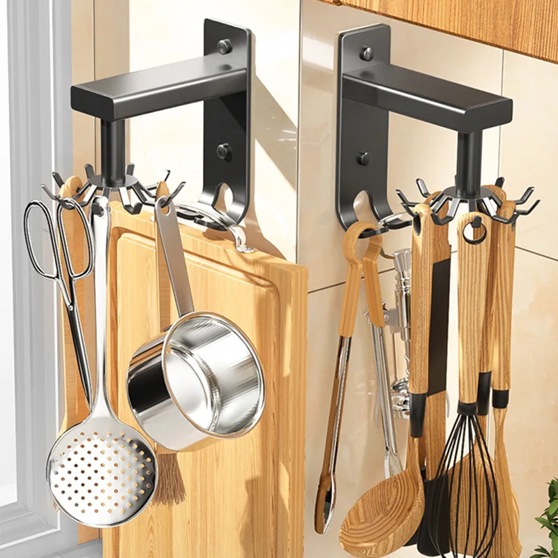 

Space aluminum rotary hook kitchen punch-free movable telescopic wall-mounted spoon spatula chopping board rack hanger