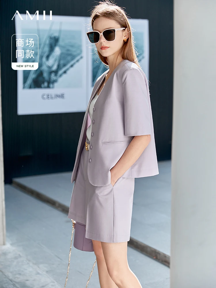 

Amii Minimalism 2 Pieces Office Lady Women Short Sleeve Blazer Coats + Shorts Suits 2022 Summer Elegant Female Clothing 12270047