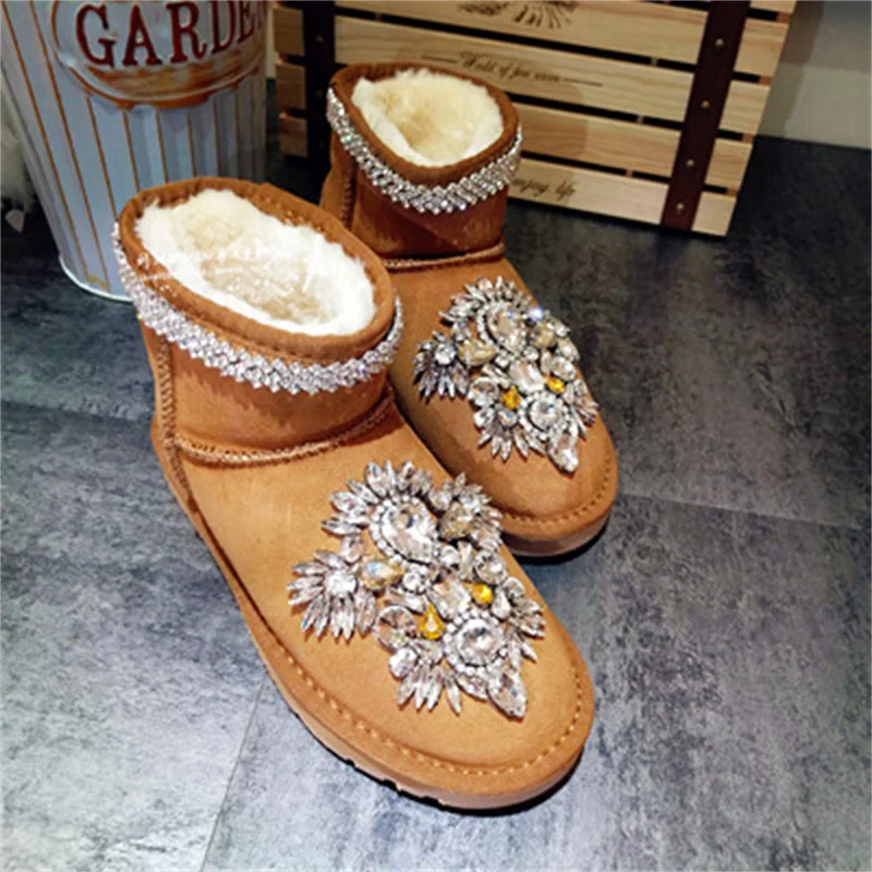 

Handmade snow boots large size cowhide fur plus velvet thick cotton boots comfortable short tube flat boots 35-40