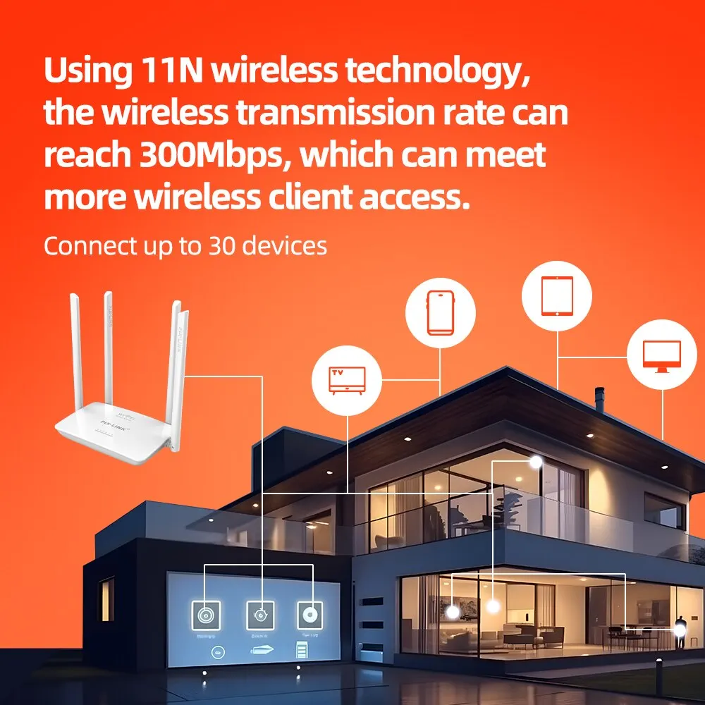 Фото Беспроводной Wifi роутер PIXLINK WR08 с 4 антеннами с высоким коэффициентом усиления 300 Мбит/с 5 портами RJ45 802.11N простая настройка для дома белого цвета №3