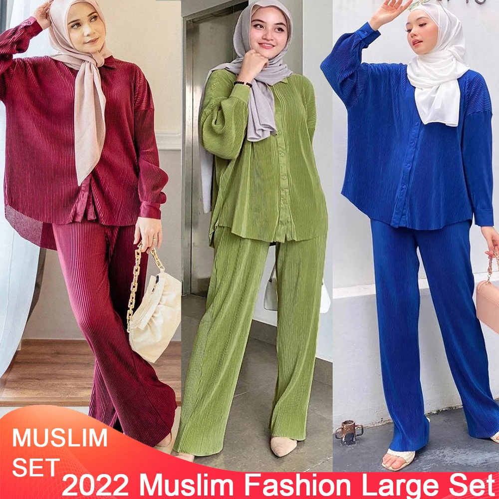 Muslim Fashion Set Dubai Travel Turkey Morocco Abaya Casual Women's Dress Malaysia Indonesia Dress Set Pleated Pants Set Dresses