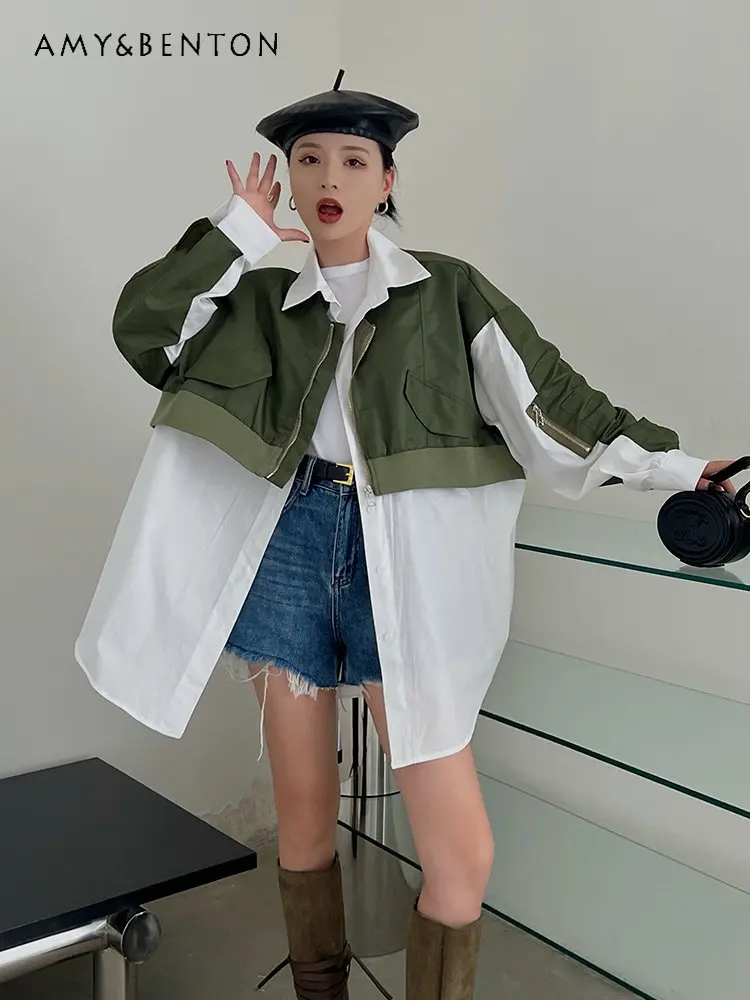 Women's White Shirt Design Sense Niche Autumn Patchwork Trench Coat Mid-Length Retro Fake Two-Piece Baseball Uniform Jacket