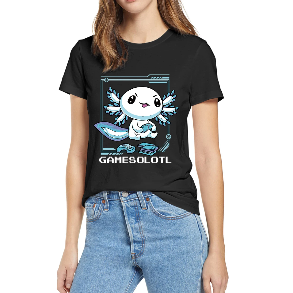 

Gamesolotl Gamer Axolotl Fish Playing Video Games Lizard Funny Summer Women 100% Cotton Novelty T-Shirt EU Size Casual Harajuku
