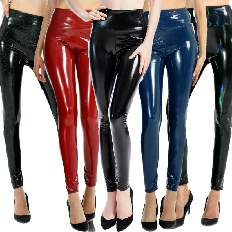 Womens Ladies Leather High Waist PU Leggings PVC Wet Look Stretch Trousers Pants Women Clothing