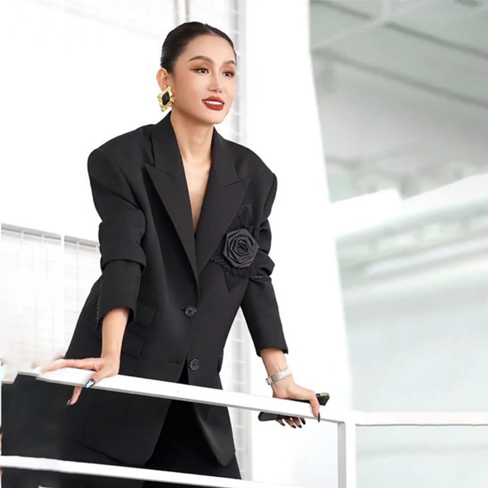 Black Temperament Blazer For Women Peaked Lapel Long Sleeve 3D Flower Design Single Breasted Coat 2023 New Fashion Female Jacket