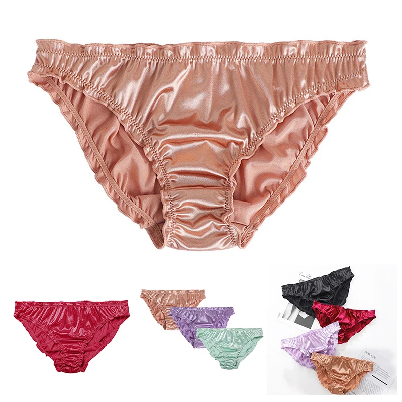 

Women Underwear Low Waist Sexy Super Elastic Satin Pants Solid Color Pleated Ruffled Briefs Thong Soft Comfortable Breathable